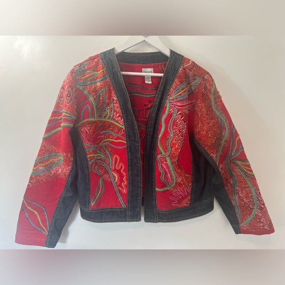 Chico's Red Embroidered Jean Jacket - Picture 3 of 6